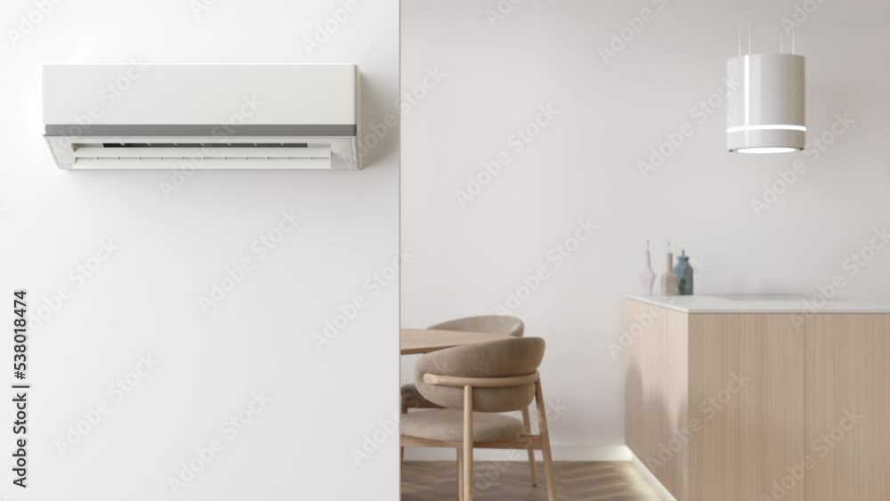 Modern AC, air conditioner hanging on the wall in room. Cooling product ...