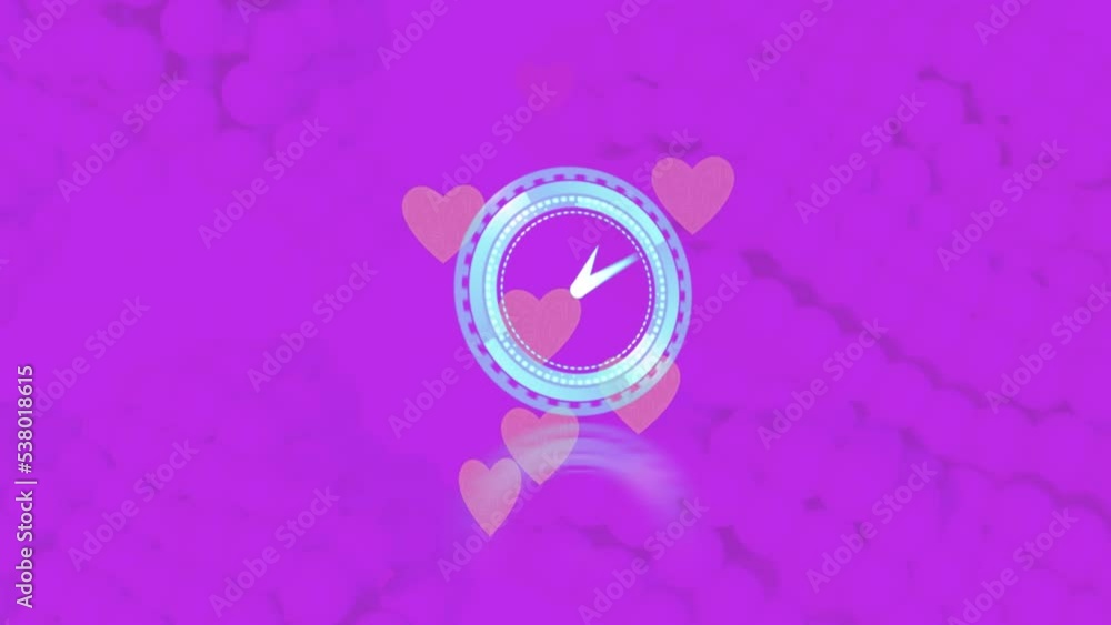 Animation of clock moving fast over pink hearts on purple background Animation of clock moving fast over pink hearts on purple background