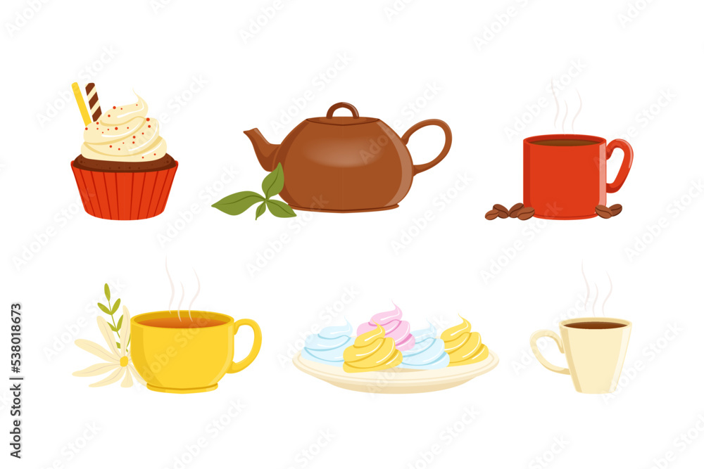 Brewing Aromatic Tea and Coffee Drink with Ceramic Teapot, Cup and Sweet Cupcake and Dessert Vector Set