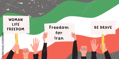 Protests in Iran, women rights demonstration. protestor hands holding placards and posters. Supporting the protests against. Flat vector illustration in trendy colors