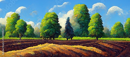 Rural valley early autumn fall - serene and tranquil countryside landscape. Chestnut trees, green grass and plowed farming crops with cumulus rain clouds. Digital pastel illustration. © SoulMyst