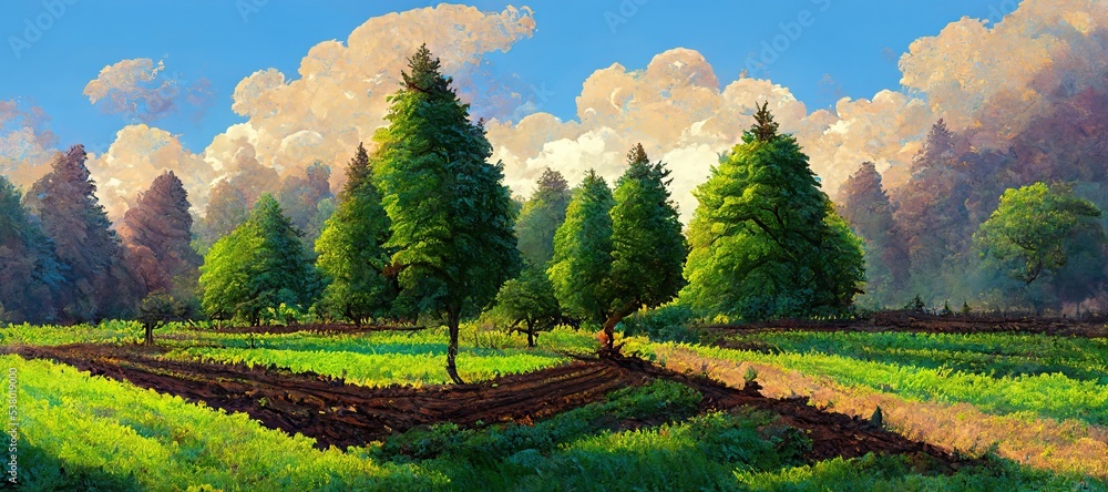 Fototapeta premium Rural valley early autumn fall - serene and tranquil countryside landscape. Conifer spruce trees, green grass and plowed farming crops with cumulus rain clouds. Digital pastel illustration.