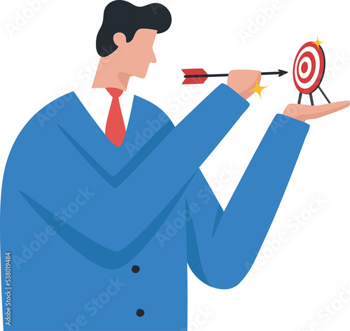 Define a Target Market for xSmall Business. Narrow the target audience. Focusing on a specific goal or group.  Businessman trying to aim in hand. photo