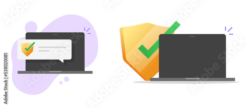 Cyber security message web verification shield check icon vector notice, online internet guard defence protection technology with blank empty computer laptop pc screen graphic with checkmark program