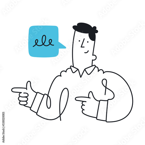 Happy man with speech bubble, pointing aside with fingers. Outline, linear, thin line, doodle art. Simple style with editable stroke.
