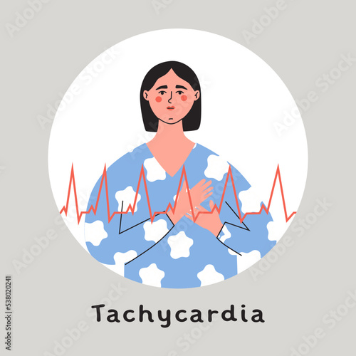Tachycardia, Heart arrhytmia. Woman press her chest with hand. Flat vector isolated illustration