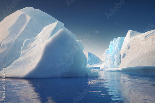 The early morning melting of an iceberg in the Arctic Ocean is concept of global warming and climate change. 3D illustration and digital painting.