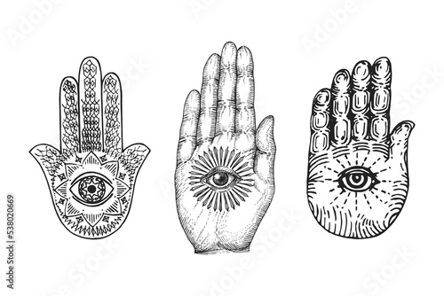 Hamsa, Eye of Providence on palm, vector sketches.