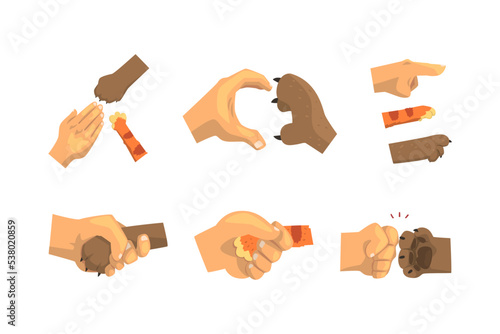 Cat or Animal Paw and Human Hand Gesturing Handshaking and Pointing Finger Vector Set