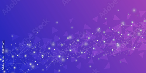 Geometric abstract background. Connected lines and dots, triangles on a violet-blue gradient. Molecular structure and connection. Science, medicine, technology concept. Vector illustration.