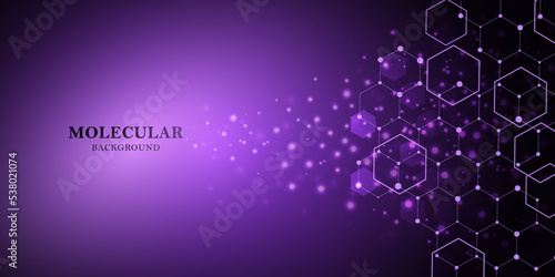 Medical abstract background. Medical technology network concept. Connected lines and dots, molecules, DNA on a purple gradient. Medical background for your design. Vector illustration.