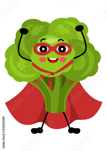 Funny broccoli mascot in traditional costume of superhero
