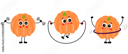 Set of cute orange pumpkin mascot make gym
