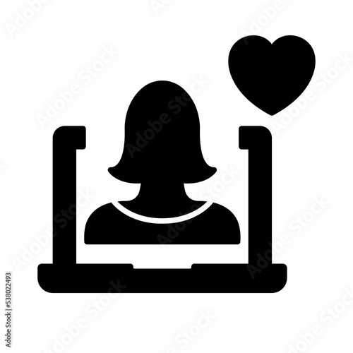 Online Help Silhouette Icon. Computer Psychologist Support and Therapy with Heart Black Pictogram. Virtual Woman Operator Icon. Donate Concept. Isolated Vector Illustration