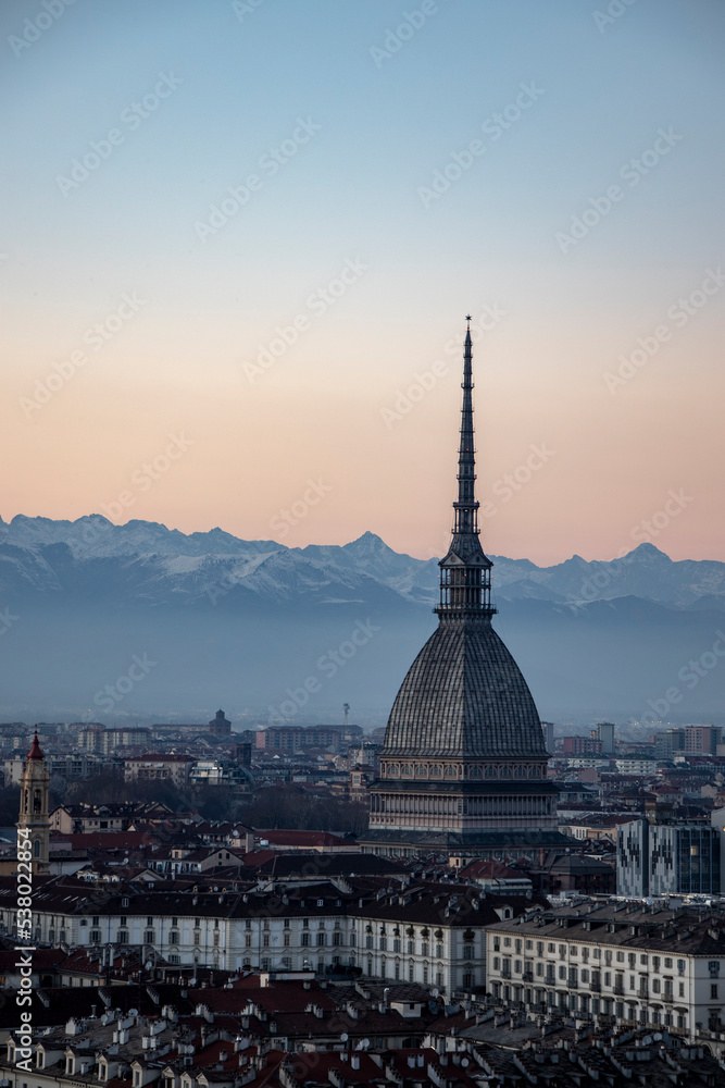 a wintery evening sunset in Turin Italy 