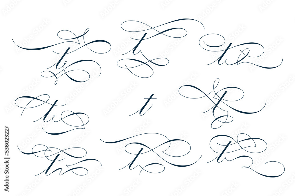 Set of beautiful calligraphic flourishes on letter t isolated on white background for decorating text and calligraphy on postcards or greetings cards. Vector illustration. Set of beautiful calligraphic flourishes on letter t isolated on white background for decorating text and calligraphy on postcards or greetings cards. Vector illustration.