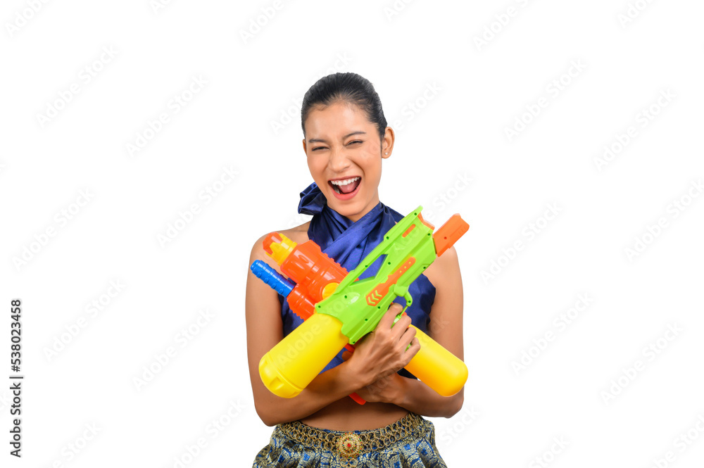 Portrait pretty woman in Songkran festival with water gun Portrait pretty woman in Songkran festival with water gun