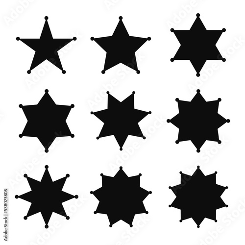 Vector set of sheriff s stars black badges. From five point to ten point stars icon collection
