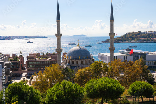 Istanbul view from Cihangir district. Nusretiy Mosque and bosphorus.