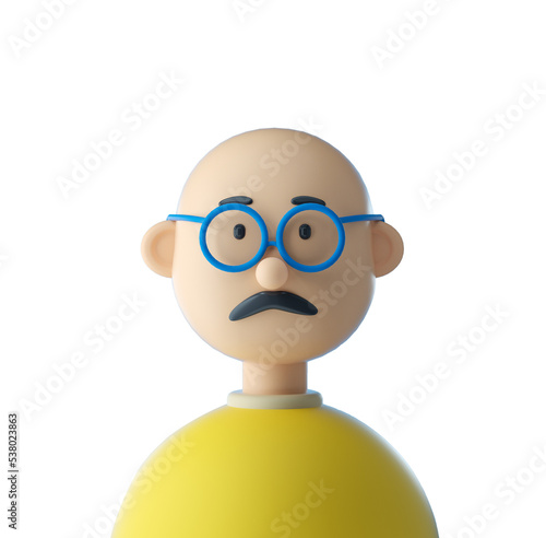 Man with hairless mustache and glasses cute iconic character isolated  transparent. 3D Rendering