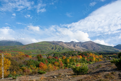 秋のカラフルな林と火山の山頂 