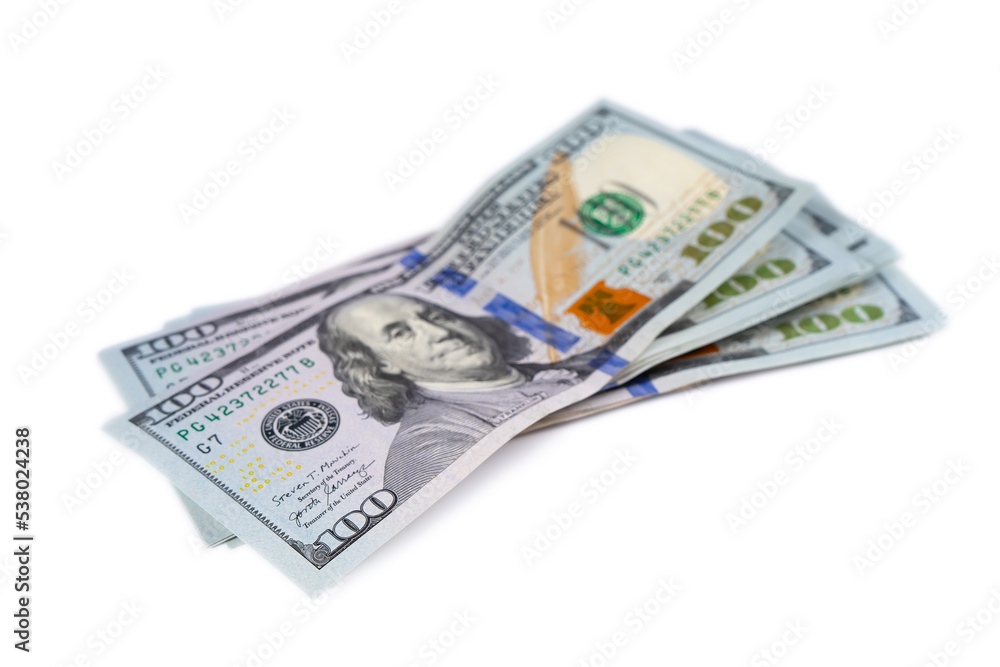 Pile of new design US dollar bills isolated on white background. Hundreds of dollar cash banknotes. Top view, flat lay. Business, finance, bank, currency, economy, wealth concept Pile of new design US dollar bills isolated on white background. Hundreds of dollar cash banknotes. Top view, flat lay. Business, finance, bank, currency, economy, wealth concept