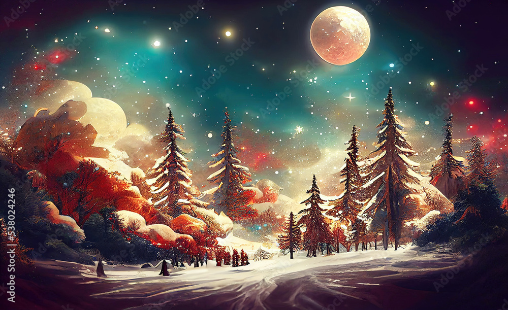 Picture of a magical winter wonderland with a full moon as