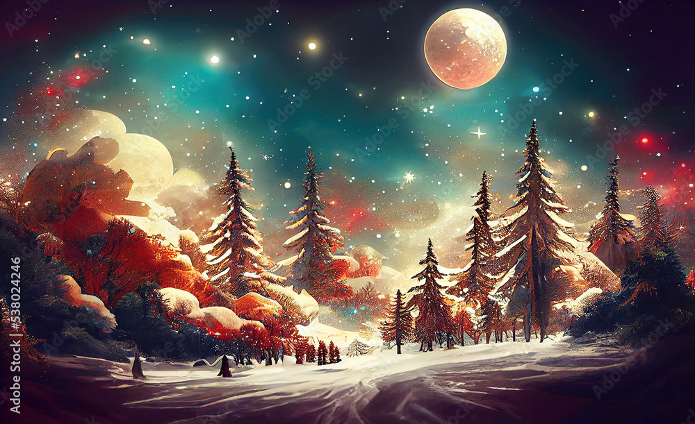 Picture of a magical winter wonderland with a full moon as christmas ...