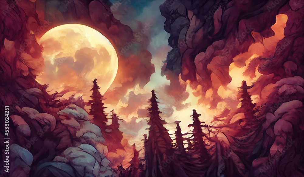 Abstract fairy tale forest landscape background with full moon and dark clouds - obrazy, fototapety, plakaty 