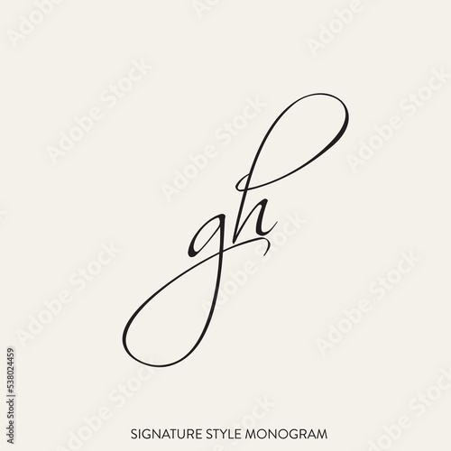 GH monogram logo.Calligraphic signature icon.Lowercase letter g, letter h characters.Lettering sign isolated on light fund.Wedding, fashion, beauty alphabet initials.Handwritten style.