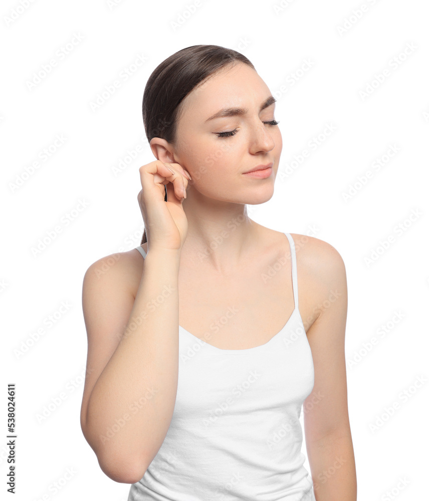Young woman suffering from ear pain on white background Young woman suffering from ear pain on white background