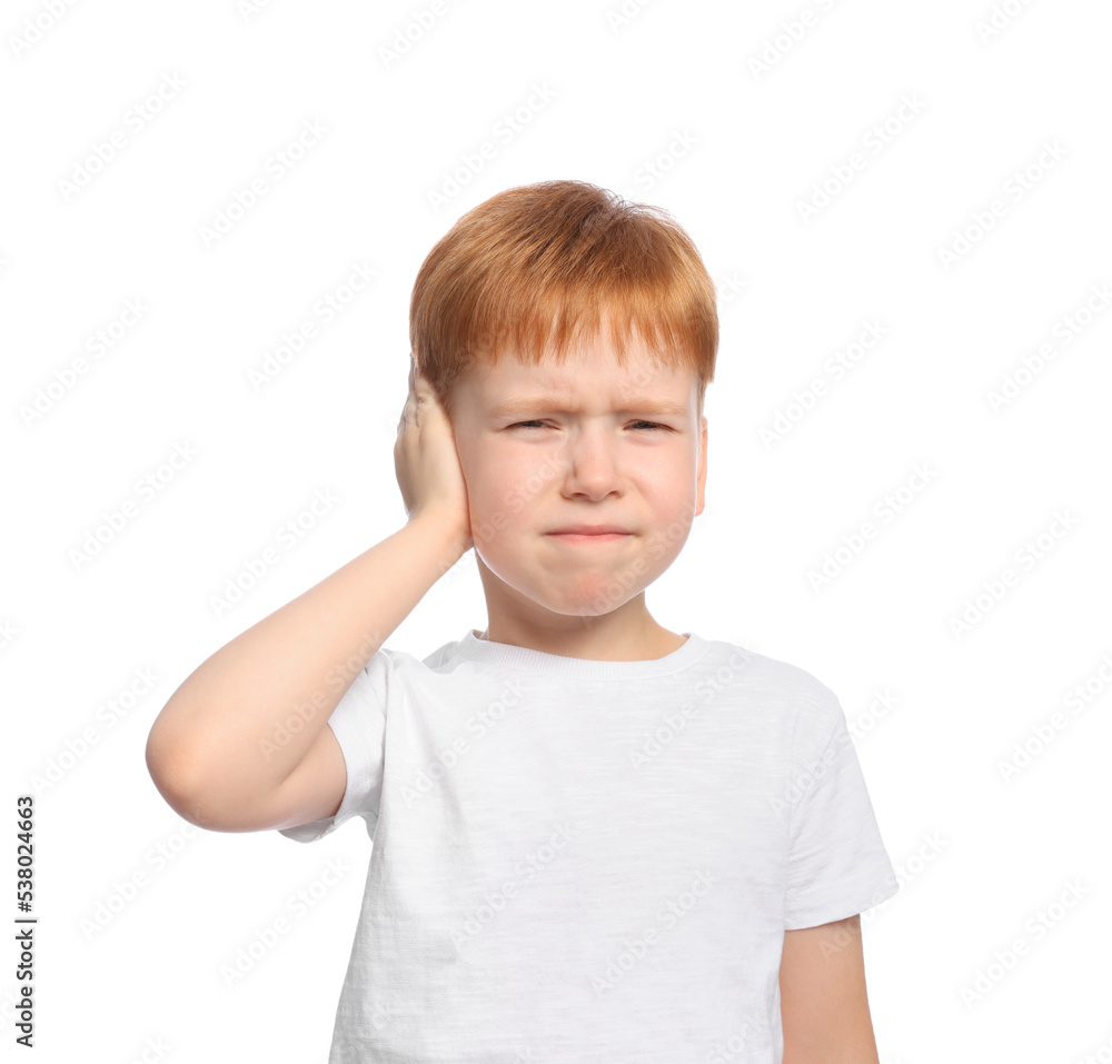 Little boy suffering from ear pain on white background Little boy suffering from ear pain on white background