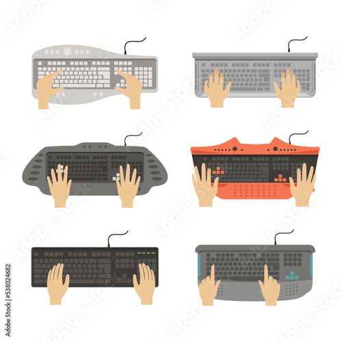 Keyboard with Human Hands Typing and Pressing Computer Buttons Vector Set