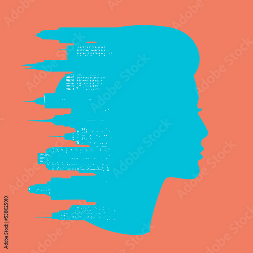 Women s Profile and the City - Double Exposure, vector clipart