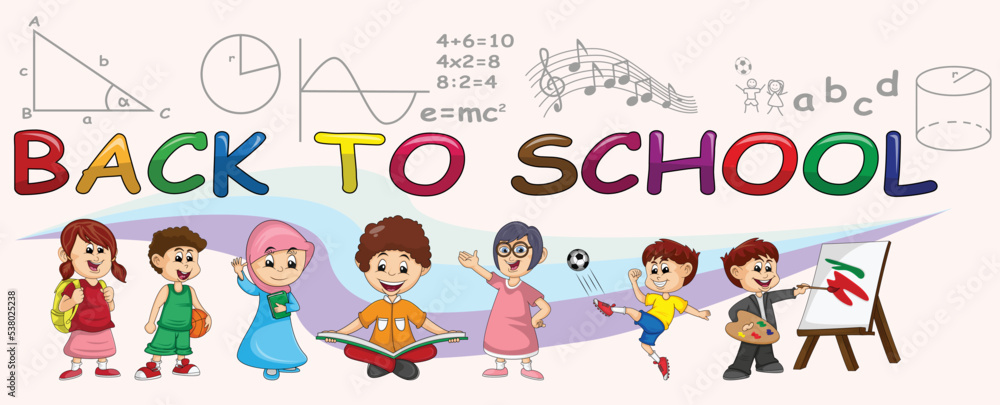 Back to school happy child and school subjects cartoon vector illustration