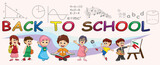 Back to school happy child and school subjects cartoon vector illustration