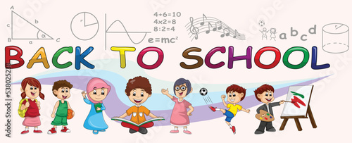 Back to school happy child and school subjects cartoon vector illustration