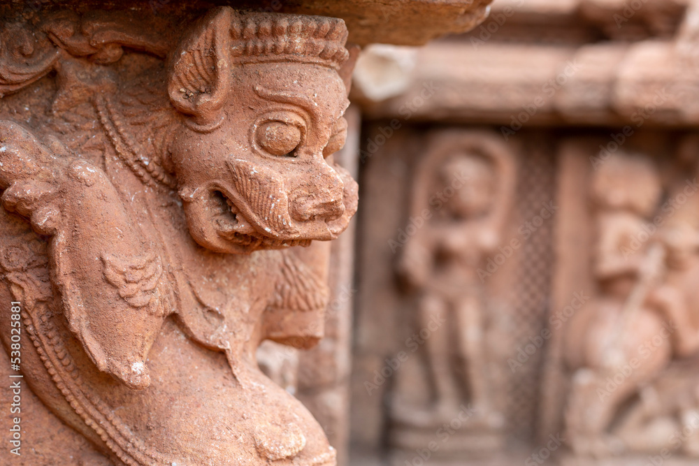 Ancient Lion Statue or Mythical Lion sculpture on the walls of the ancient 13th century A.D. Suka Sari temples, Old Town, Bhubaneswar, Odisha, India.