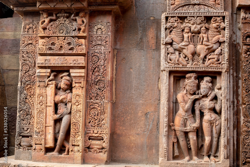 Ancient sandstone carvings on the walls of the ancient Indian temple.13th century A.D. Suka Sari temples, Bhubaneswar, Odisha, India.