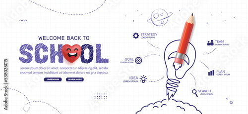 Back to School horizontal infographic with rocket pencil launching to space. Online courses, learning and tutorials Web page template. Online education concept