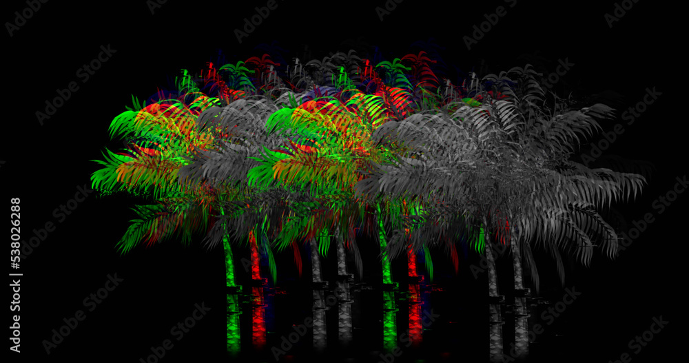 Obraz premium Illustration of multicolored distorted palm trees against black background, copy space