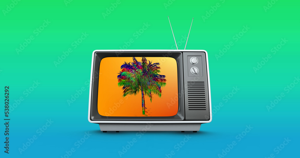 Obraz premium Illustration of palm tree with glitch on television screen against gradient background