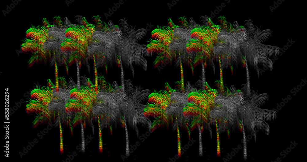 Obraz premium Illustration of distorted palm trees against black background, copy space