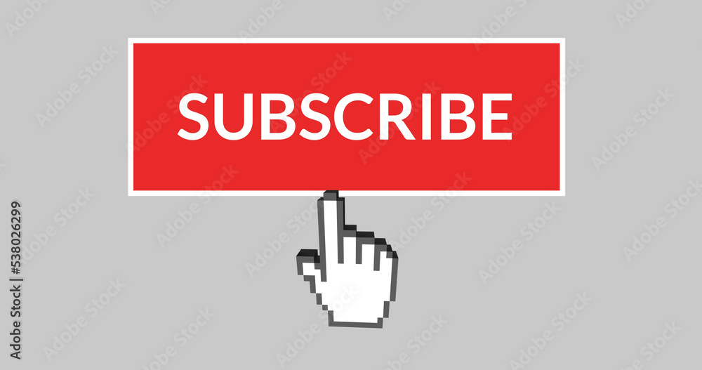 Illustration of finger pointing towards subscribe text in red box on gray background Illustration of finger pointing towards subscribe text in red box on gray background