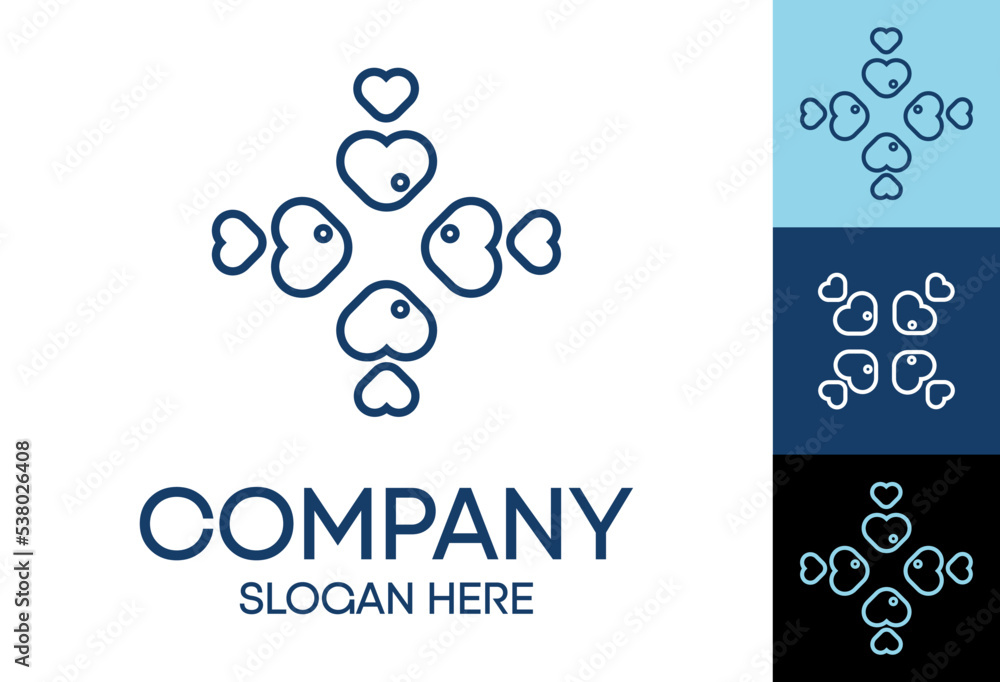 Shoal of fish logo icon, design template, flat vector illustration, fish sign heart idea. Symbol restaurant, company, product, business, store. Concept love fishing, seafood, ocean food, shape animal.