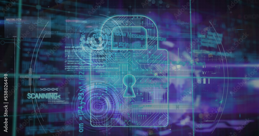 Illustration of circuit board patterned padlock over infographic interface in background Illustration of circuit board patterned padlock over infographic interface in background