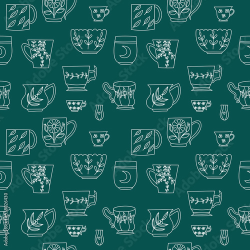 Seamless doodle art pattern with tea cups