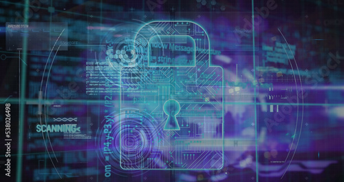 Illustration of circuit board patterned padlock over infographic interface in background