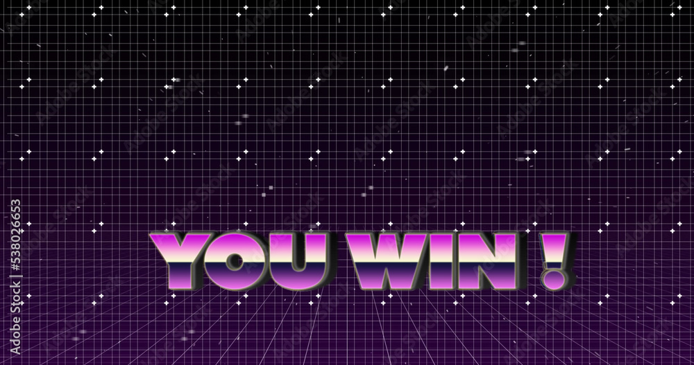 Obraz premium Illustration of multicolored you win text with dots and grid pattern against abstract background