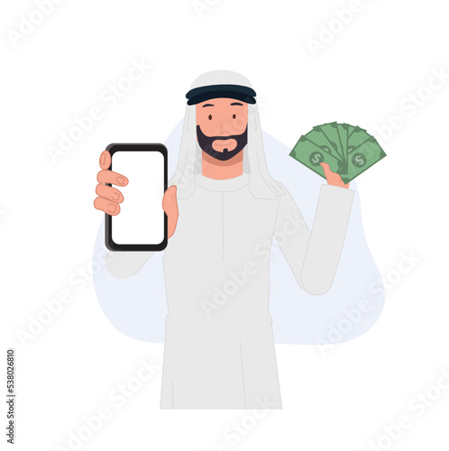 Arab man Holding Smartphone and Money in Hand to Showing How to Make Money Online. Vector illustration